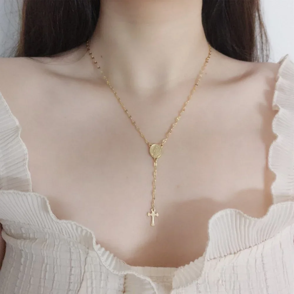 NEW 18K Gold Plated Virgin Mary Holy Cross Drop Necklace - Picture 2 of 11